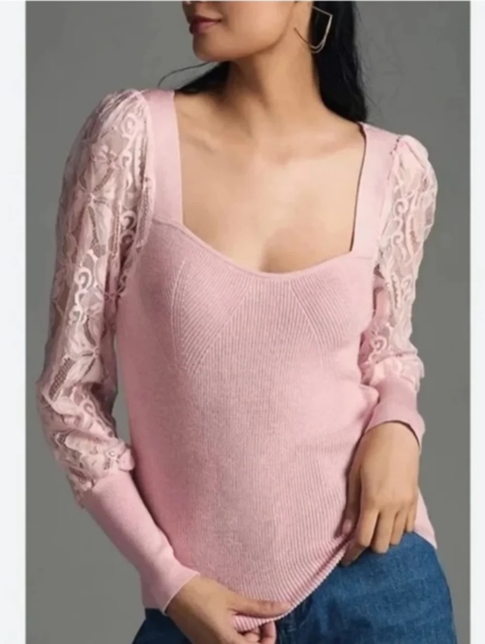 NEW Anthropologie Pink Sweater Ribbed Sweetheart Neckline Lace Sleeve Size Small
